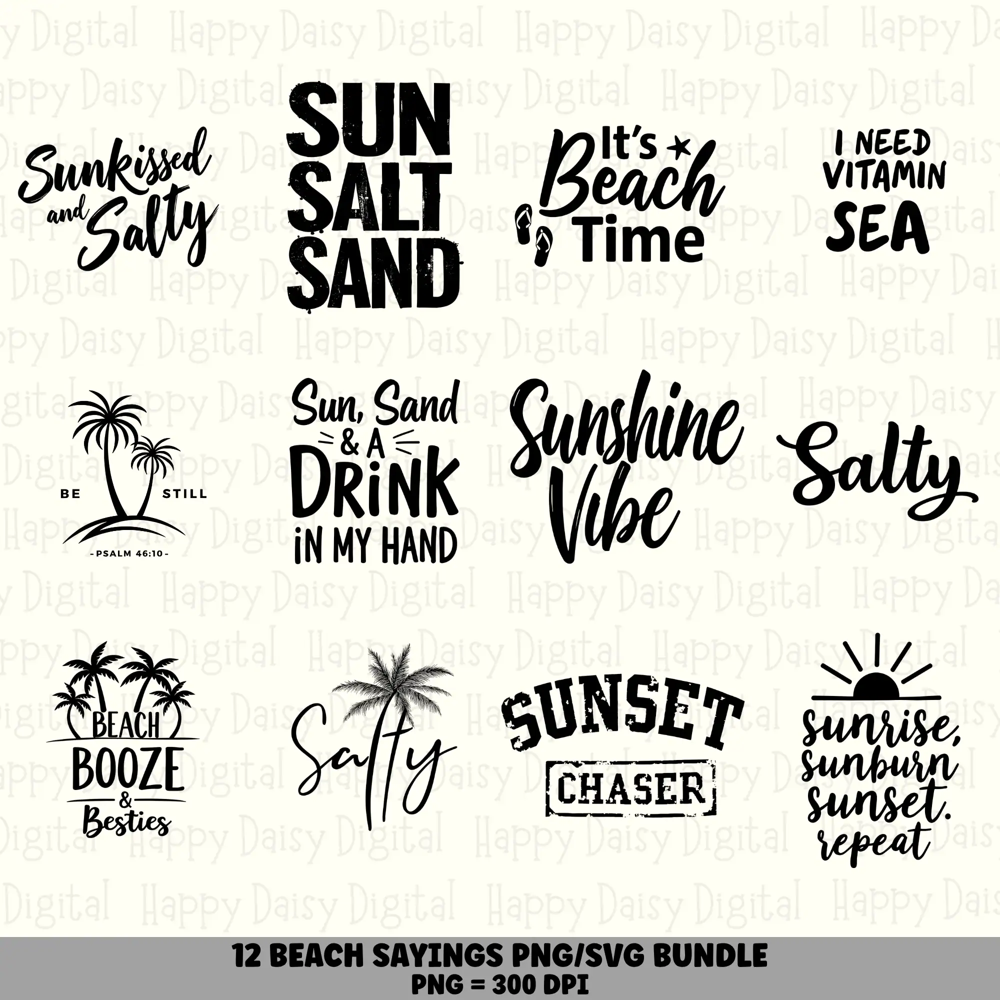 12 Beach Sayings Design Bundle SVG PNG Salty Sunkissed Vitamin Sea Summer Quotes