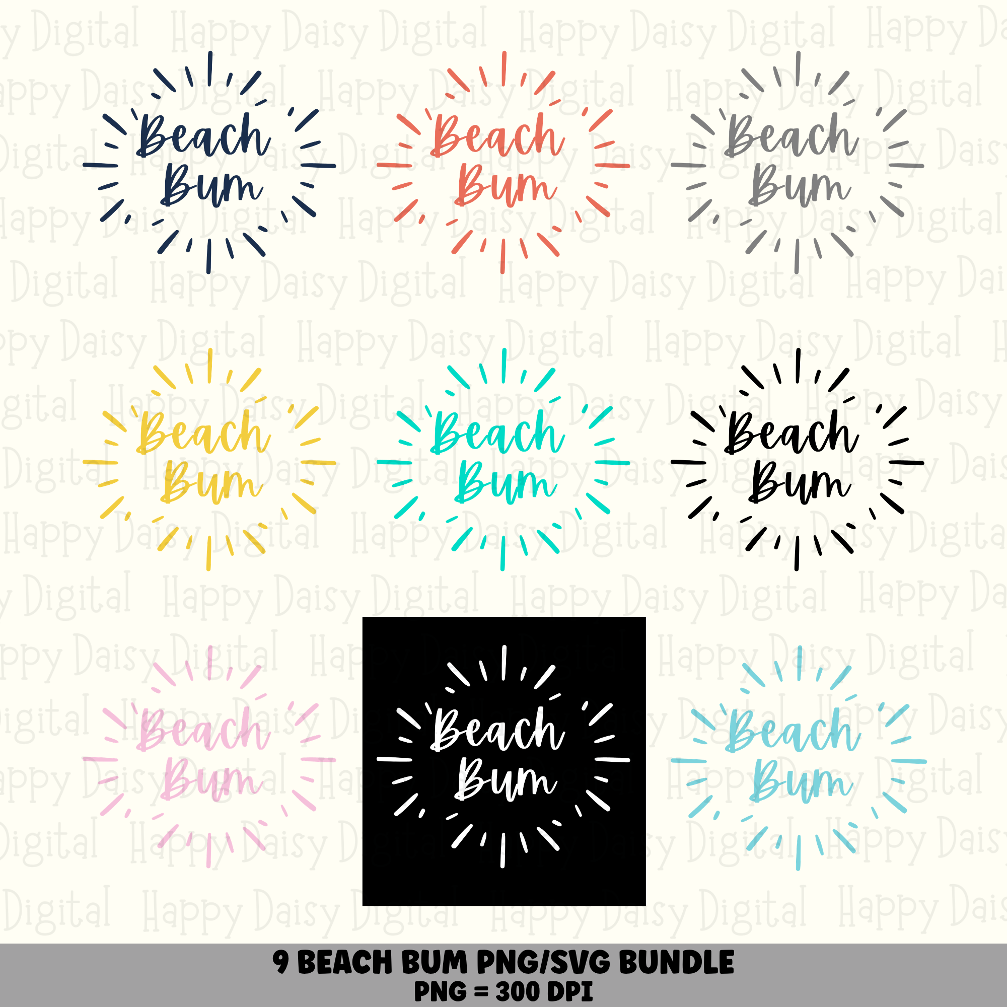 9 Beach Bum Sunburst PNG SVG Bundle Retro Beach Quote Sublimation Cricut Silhouette Canva Commercial Use POD
