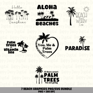 7 Beach Palm Tree Sayings PNG SVG Bundle Beach Vacation Quotes Sublimation Cricut Silhouette Canva Commercial Use POD