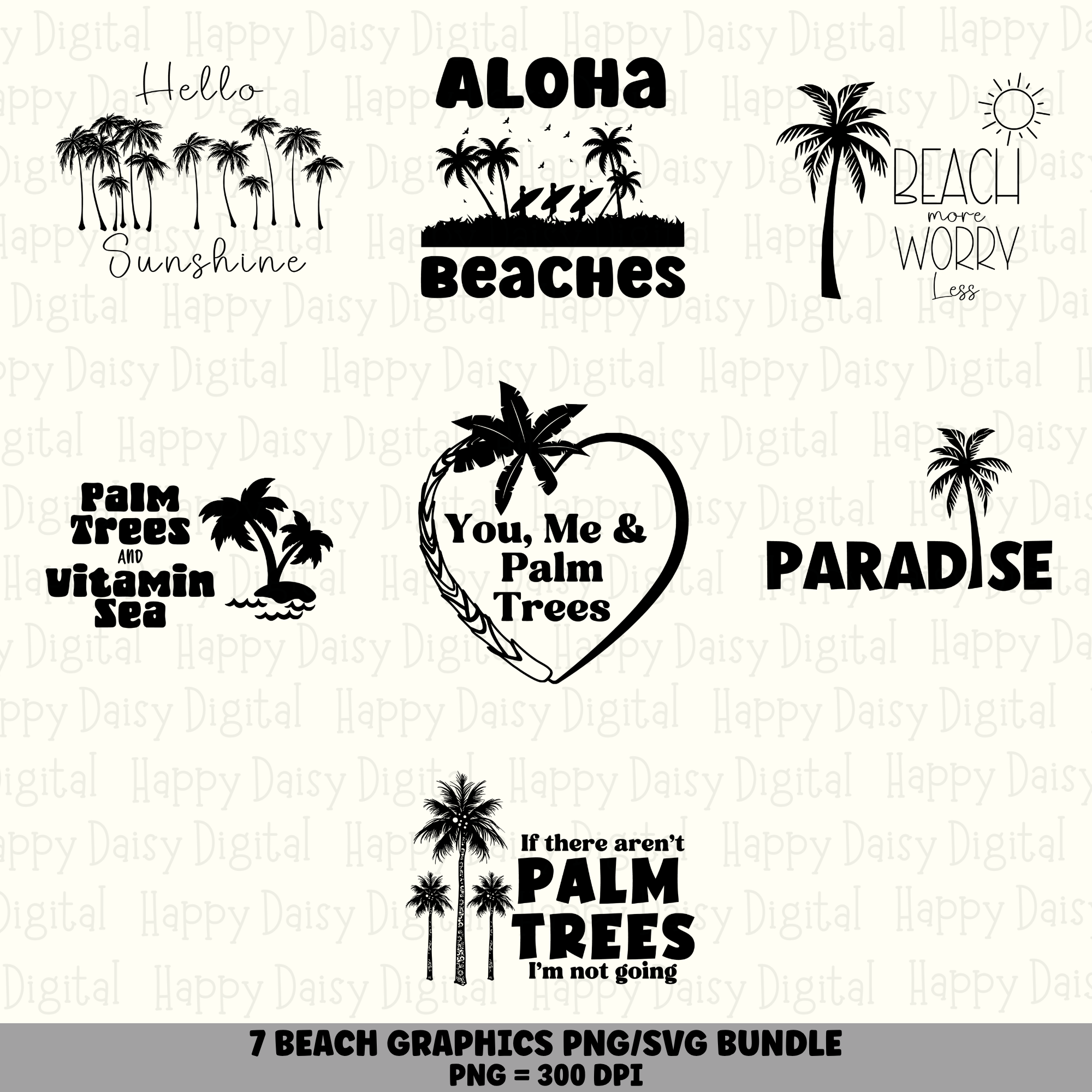 7 Beach Palm Tree Sayings PNG SVG Bundle Beach Vacation Quotes Sublimation Cricut Silhouette Canva Commercial Use POD