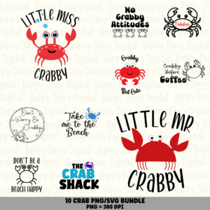 10 Crabby Beach Sayings PNG SVG Bundle Funny Crab Quotes Sublimation Cricut Silhouette Canva Commercial Use POD
