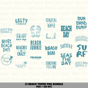 21 Beach Words PNG Bundle Teal Beach Quotes Sublimation Canva Commercial Use POD