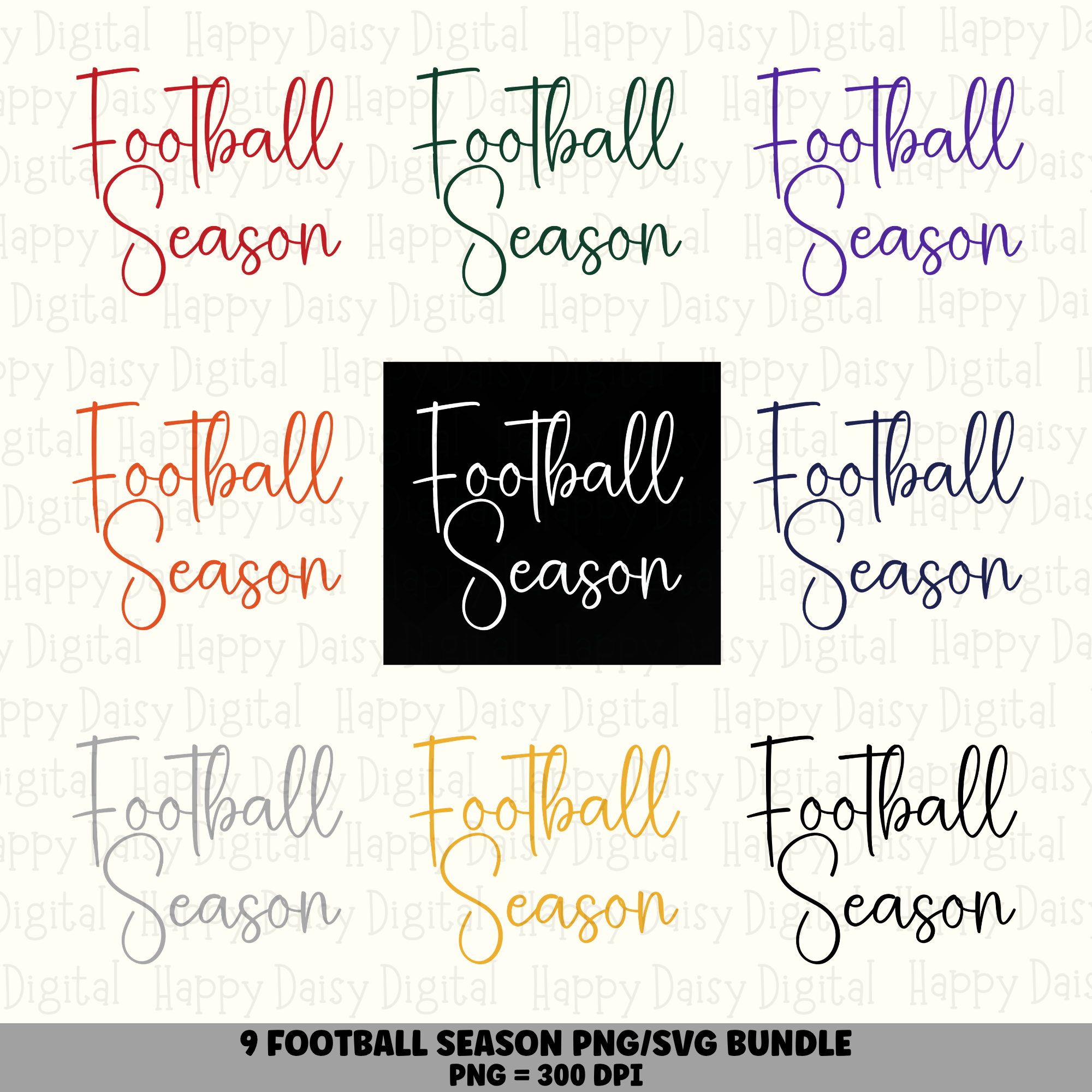 9 Football Season Text PNG SVG Bundle | Cursive Style Designs | Sublimation Cricut Digital Download
