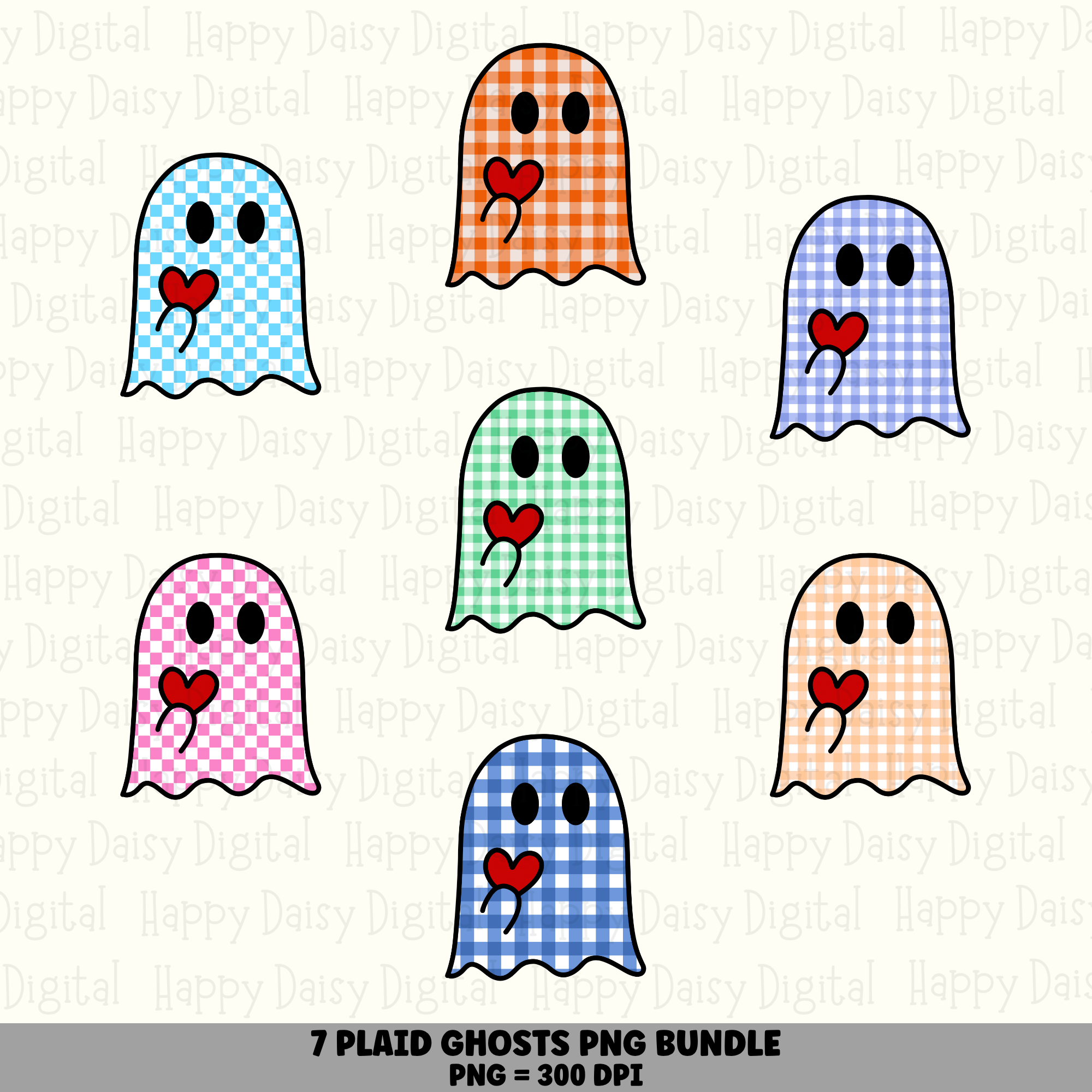 7 Halloween Plaid Ghost Heart PNG SVG Bundle | Gingham Heart Ghost Designs | Sublimation Cricut Digital Download