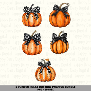 5 Halloween Polka Dot Pumpkin PNG SVG Bundle | Polka Dot Bow Pumpkin Designs | Sublimation Cricut Digital Download