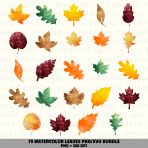 70 Fall Watercolor Leaves PNG SVG Bundle | Watercolor Leaf Collection Designs | Sublimation Cricut Digital Download