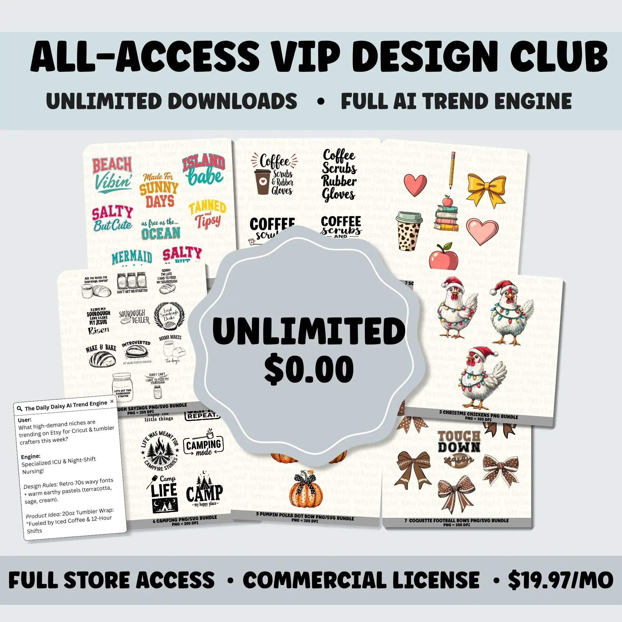 All-Access VIP Design Club - Billing: $19.97/month recurring membership. Cancel anytime.
