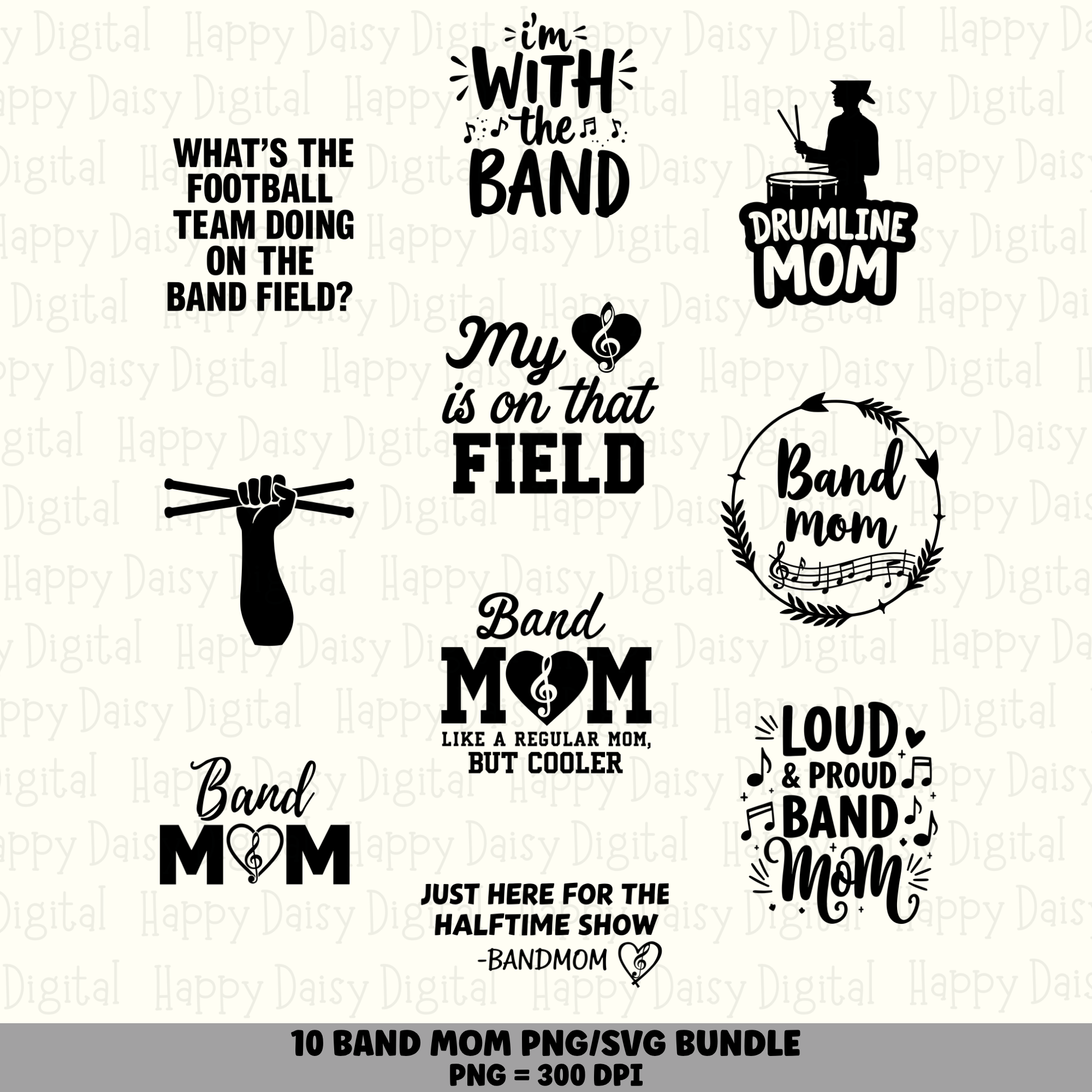 10 Band Mom Sayings PNG SVG Bundle | Marching Band Designs | Sublimation Cricut Digital Download