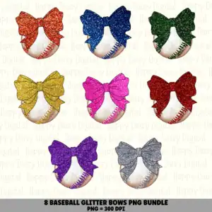 8 Baseball Glitter Bow PNG Bundle | Glitter Bow Colors Designs | Sublimation Cricut Digital Download