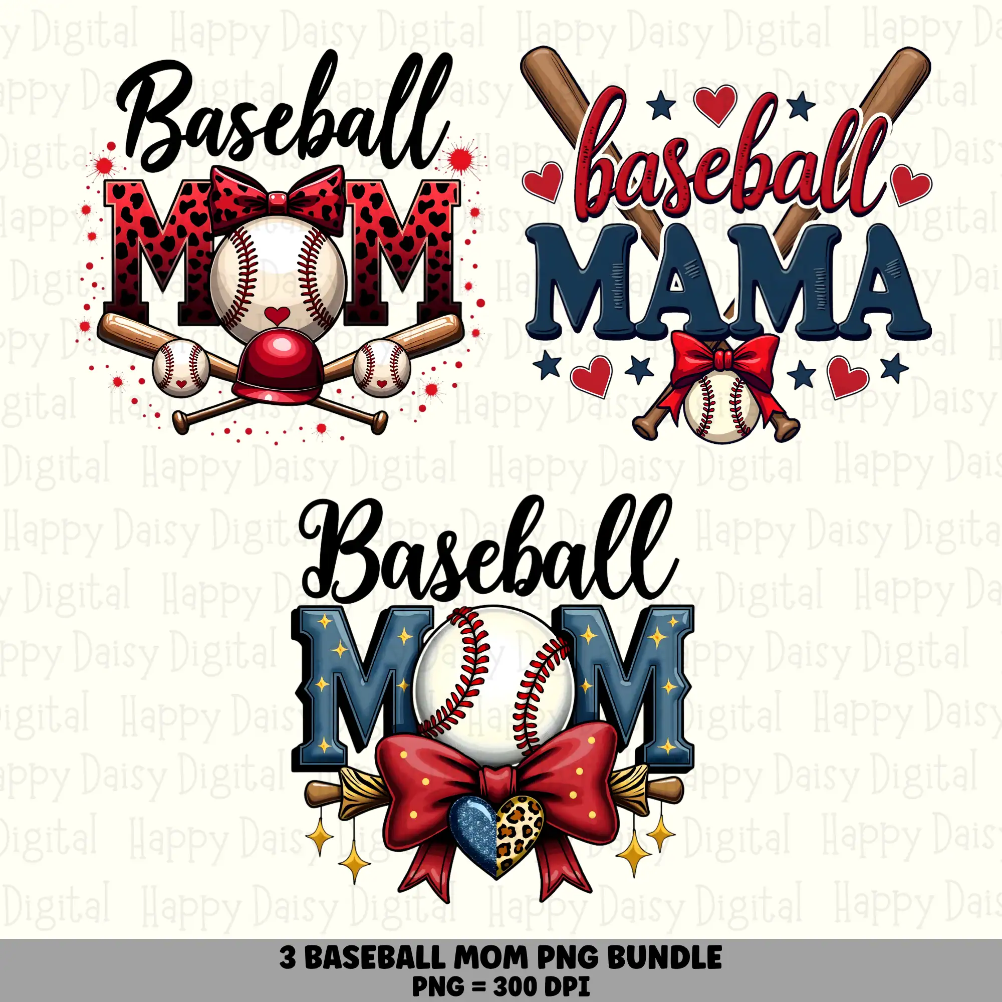 3 Baseball Mom PNG Bundle | Mom Red Bow Designs | Sublimation Cricut Digital Download