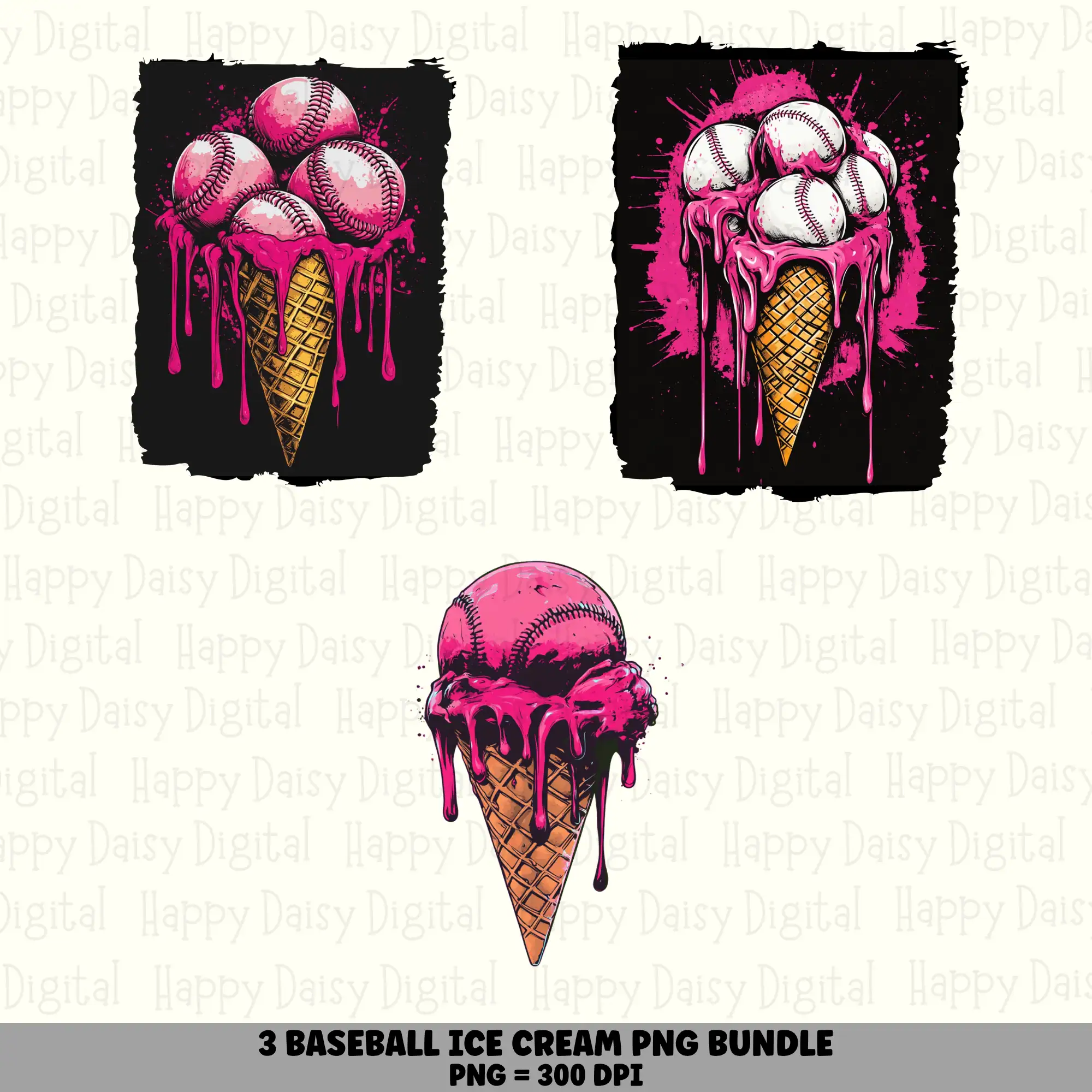 3 Baseball Ice Cream PNG Bundle | Pink Ice Cream Designs | Sublimation Cricut Digital Download