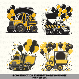 4 Construction Truck Birthday PNG SVG Bundle | Construction Birthday Designs | Sublimation Cricut Digital Download