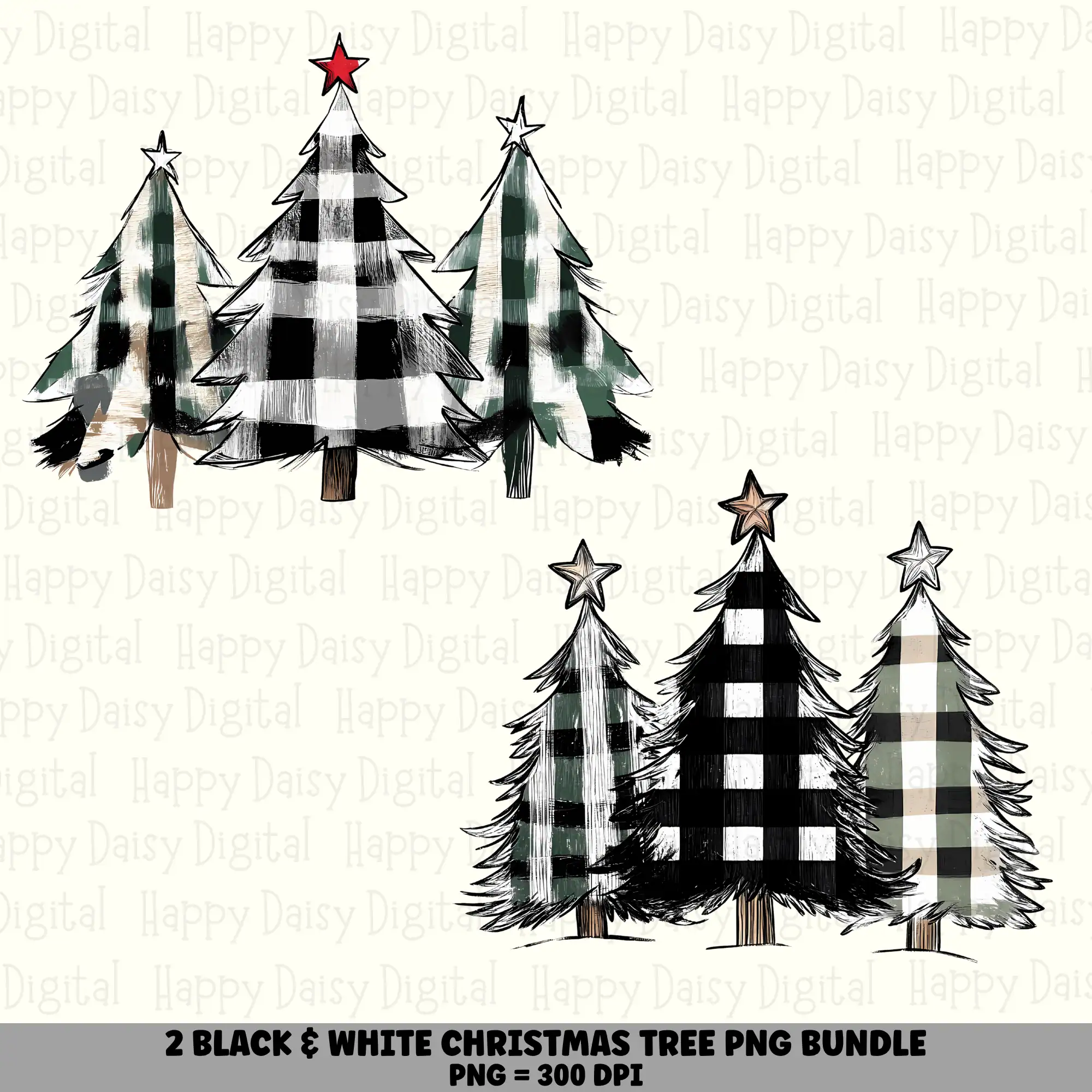 2 Black & White Christmas Tree PNG Bundle | Checkered Christmas Tree Designs | Sublimation Cricut Digital Download