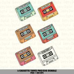 6 Cassette Tape PNG SVG Bundle | Retro Cassette Tape Designs | Sublimation Cricut Digital Download