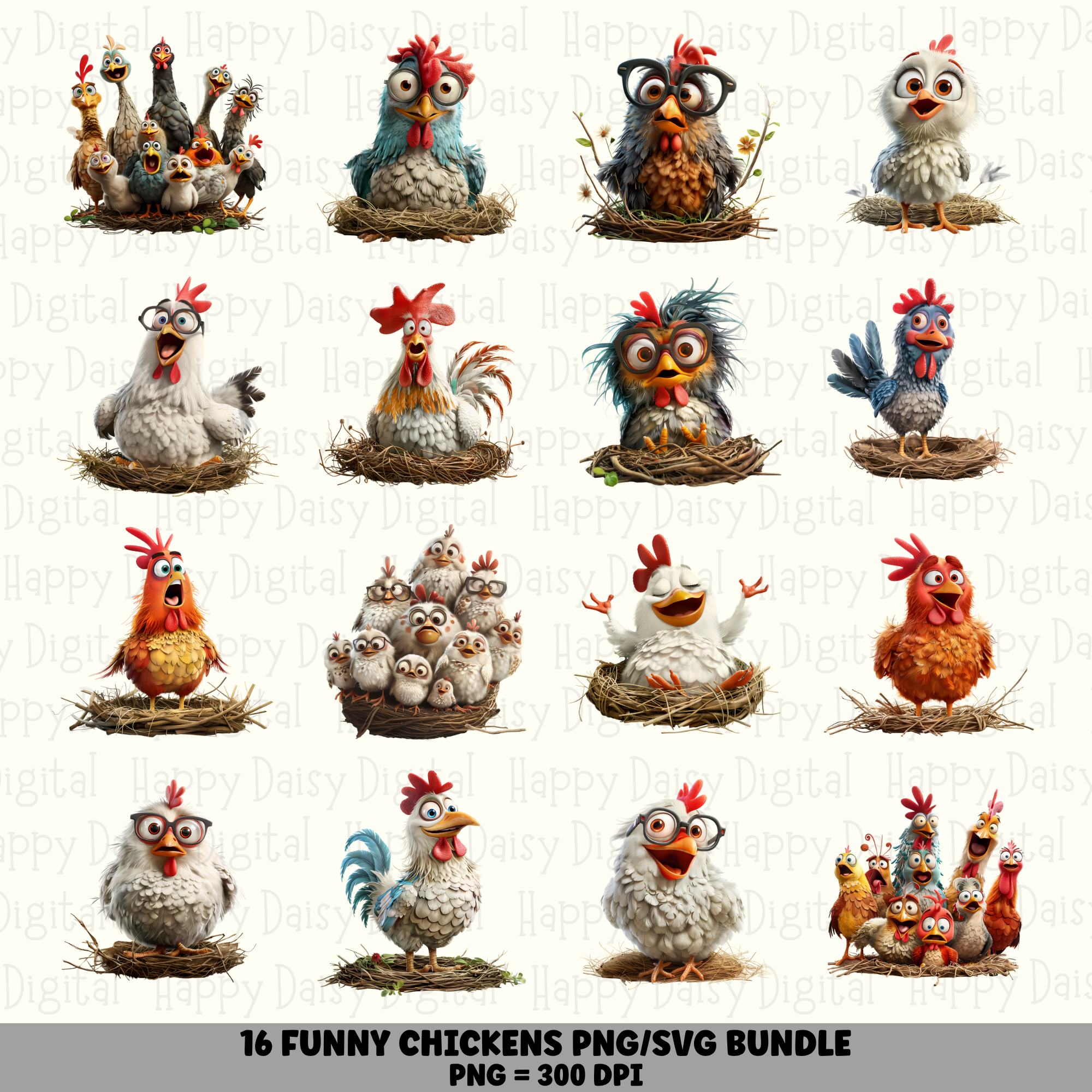 16 Cartoon Chicken PNG Bundle | Chicken Icon Designs | Sublimation Cricut Digital Download
