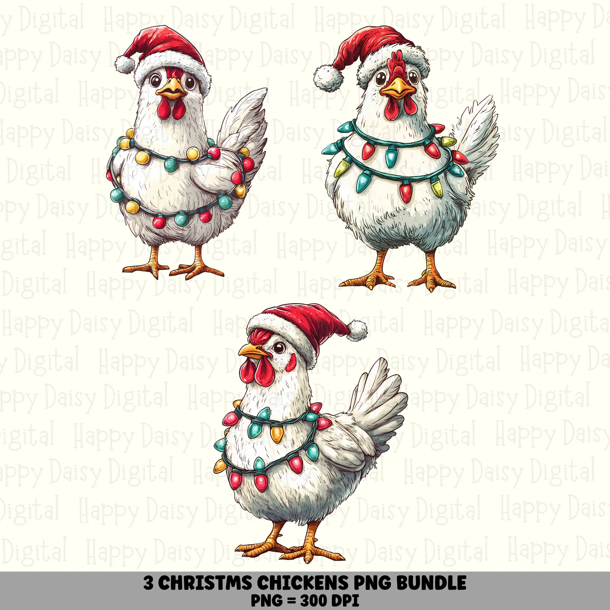 3 Christmas Chicken PNG Bundle | Chicken with Lights Designs | Sublimation Cricut Digital Download