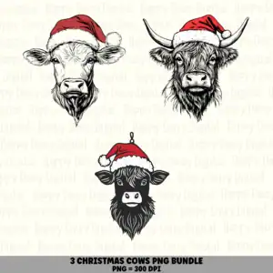 3 Christmas Cow PNG Bundle | Cow Outline Designs | Sublimation Cricut Digital Download