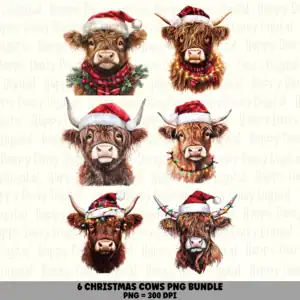 6 Christmas Cow PNG Bundle | Cow with Lights Designs | Sublimation Cricut Digital Download