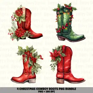 4 Christmas Cowboy Boot PNG Bundle | Cowboy Boot Designs | Sublimation Cricut Digital Download