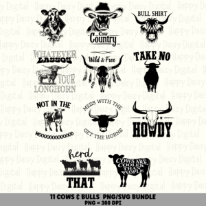 11 Cow & Bull Sayings PNG Bundle | Funny Cow & Bull Designs | Sublimation Cricut Digital Download