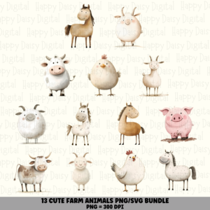 13 Cute Farm Animal PNG Bundle | Farm Animal Designs | Sublimation Cricut Digital Download