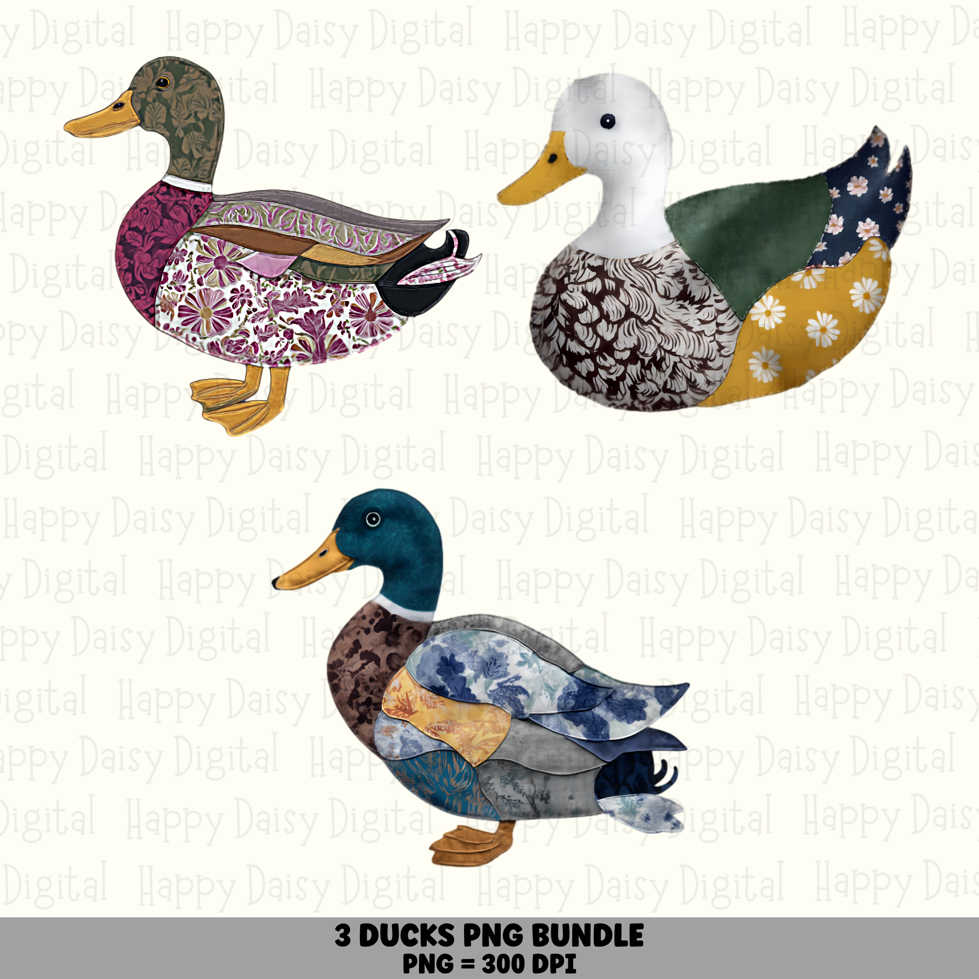 3 Mallard Duck Patchwork PNG Bundle | Duck Patchwork Designs | Sublimation Cricut Digital Download