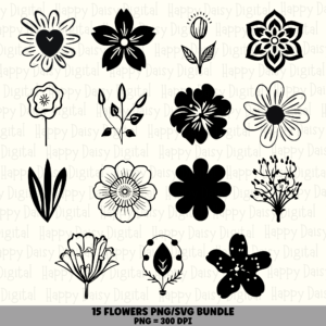15 Flower Doodle PNG SVG Bundle | Flower Doodle Vol 2 Designs | Sublimation Cricut Digital Download