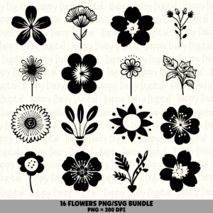 16 Flower Doodle PNG SVG Bundle | Flower Doodle Vol 3 Designs | Sublimation Cricut Digital Download