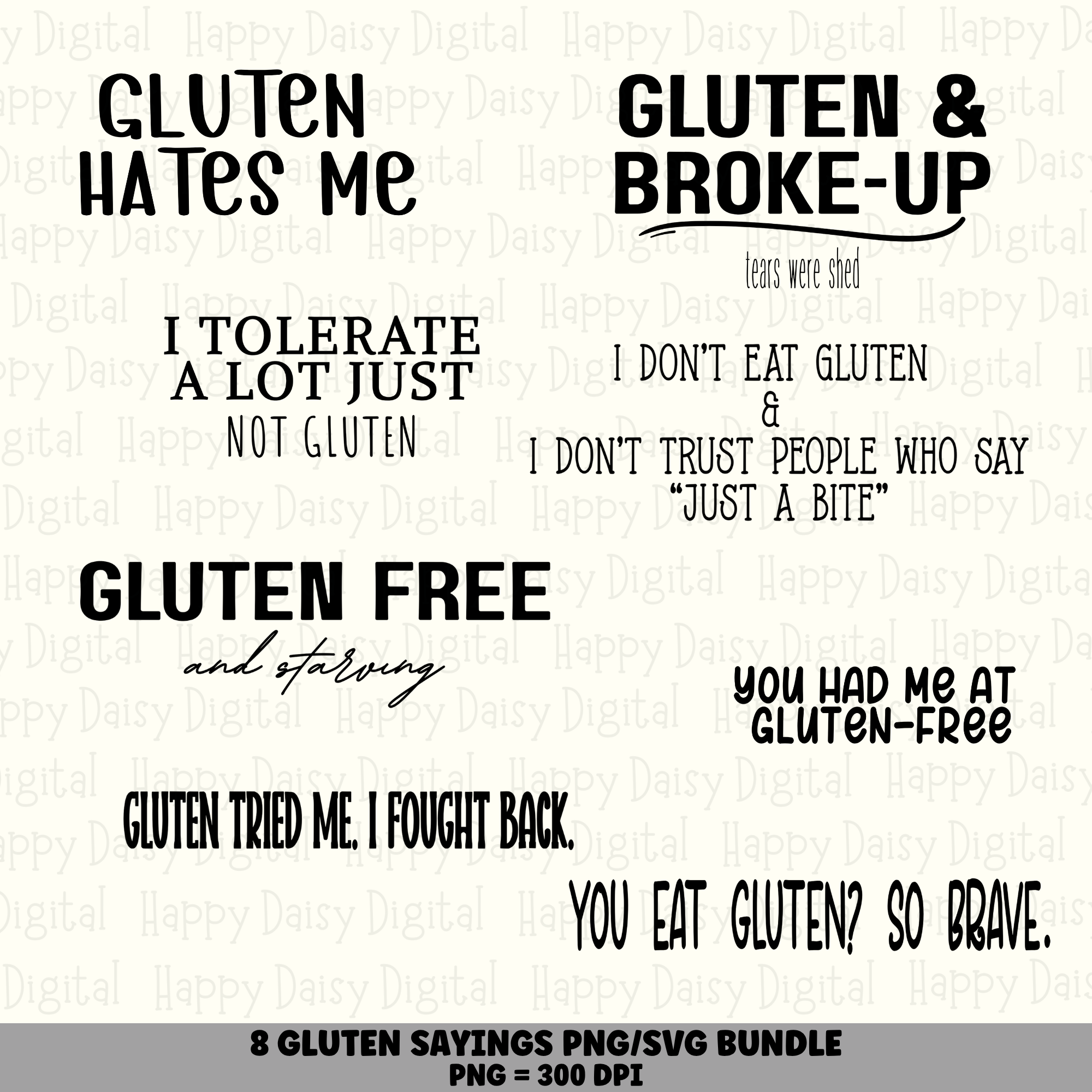 8 Gluten Free Sayings PNG SVG Bundle | Funny Gluten Free Designs | Sublimation Cricut Digital Download