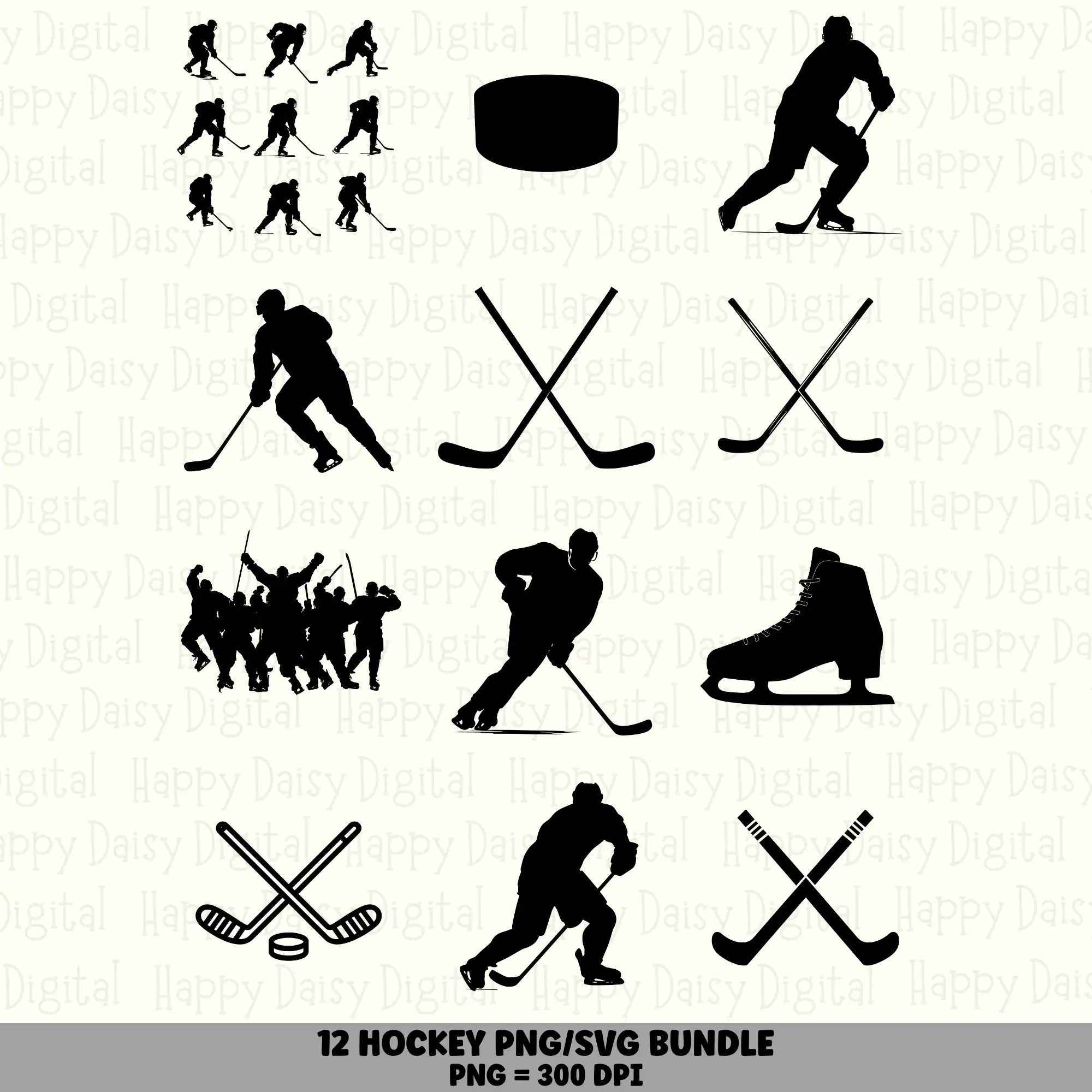 12 Hockey PNG SVG Bundle | Hockey Silhouettes & Sticks Designs | Sublimation Cricut Digital Download