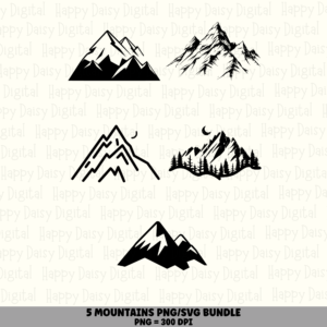 5 Mountain PNG SVG Bundle | Mountain Icon Set 14 Designs | Sublimation Cricut Digital Download