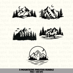 5 Mountain PNG SVG Bundle | Mountain Icon Set 16 Designs | Sublimation Cricut Digital Download