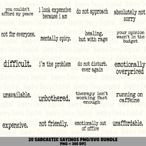 21 Sarcastic Word Sayings PNG SVG Bundle | Sarcastic Word Designs | Sublimation Cricut Digital Download