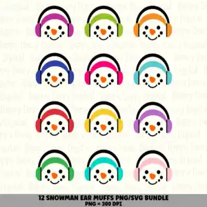 12 Snowman Face with Ear Muffs PNG SVG Bundle | Ear Muffs Colors Designs | Sublimation Cricut Digital Download