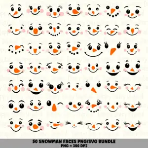 50 Snowman Faces PNG SVG Bundle | Snowman Faces Designs | Sublimation Cricut Digital Download