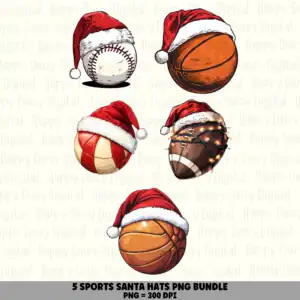5 Sports with Santa Hat PNG Bundle | Sports Santa Hat Designs | Sublimation Cricut Digital Download