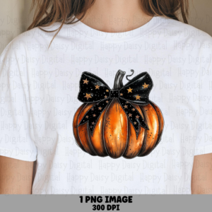 Pumpkin With Black Bow PNG Pumpkin Bow Design Star Accents Sublimation Design Commercial Use POD