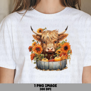 Highland Cow Floral PNG Highland Cow Fall, Floral Fall Basket Design Sublimation Design Commercial Use POD