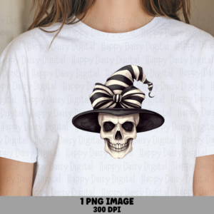 Striped Witch Hat Skull PNG Skull Witch Hat Design Striped Hat Illustration Sublimation Design Commercial Use POD