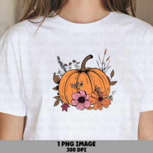 Pumpkin With Floral Wreath PNG Pumpkin Wreath Design Floral Accent Sublimation Design Commercial Use POD