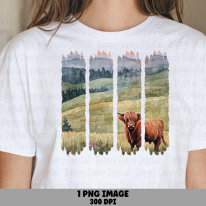 Highland Cow Meadow Watercolor PNG | Sublimation Commercial Use POD