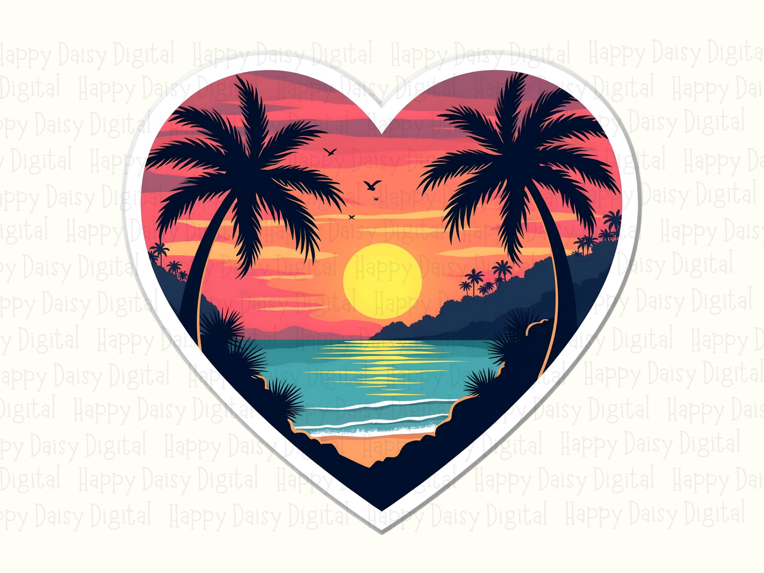 Sunset Beach Heart PNG Sublimation Design Beach Summer Heart Sticker Commercial Use POD - Image 2