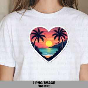 Sunset Beach Heart PNG Sublimation Design Beach Summer Heart Sticker Commercial Use POD