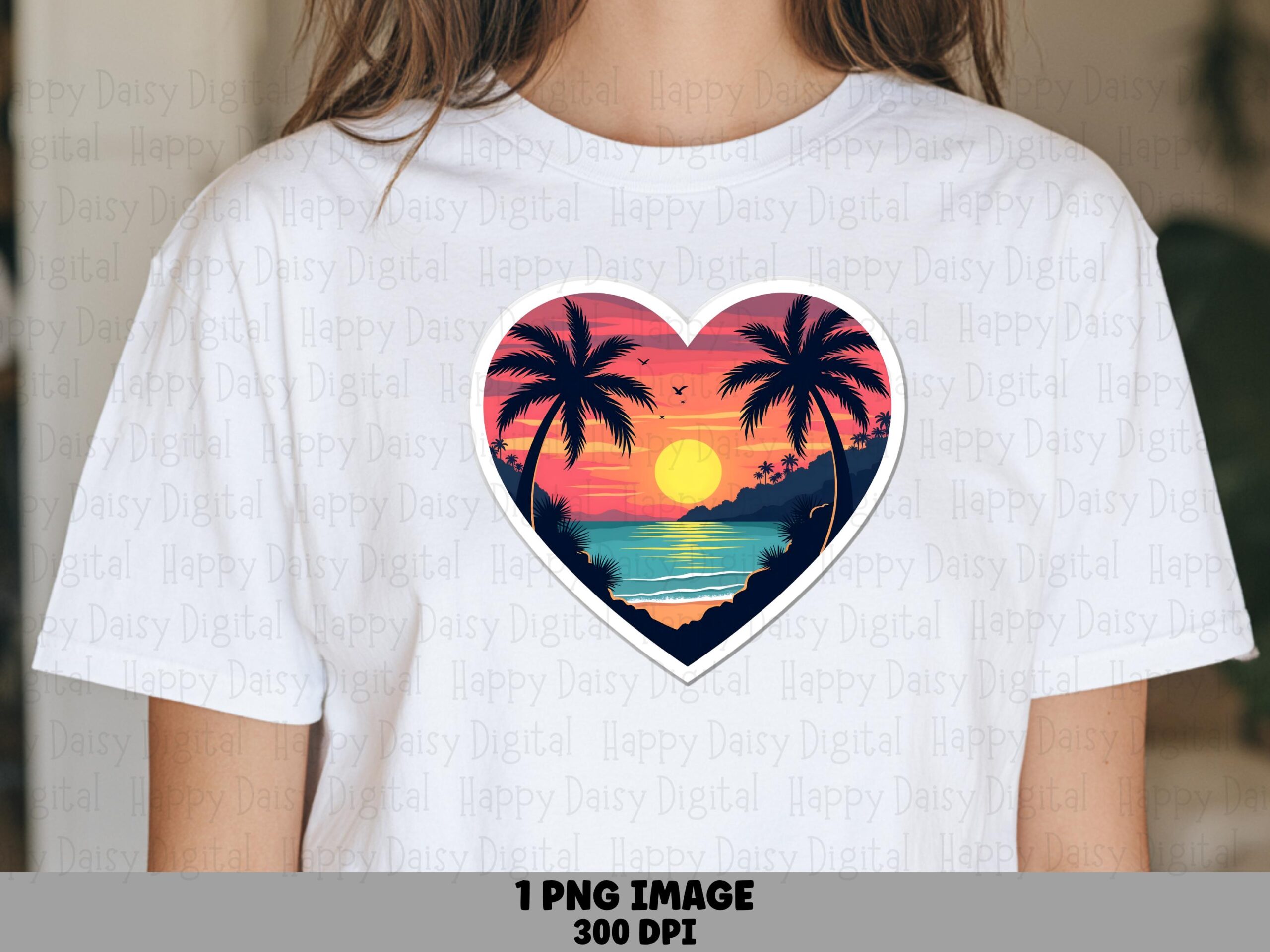 Sunset Beach Heart PNG Sublimation Design Beach Summer Heart Sticker Commercial Use POD