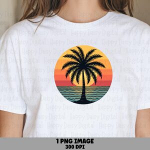 Palm Sunset Circle PNG Sublimation Design Beach Summer Palm Circle Commercial Use POD