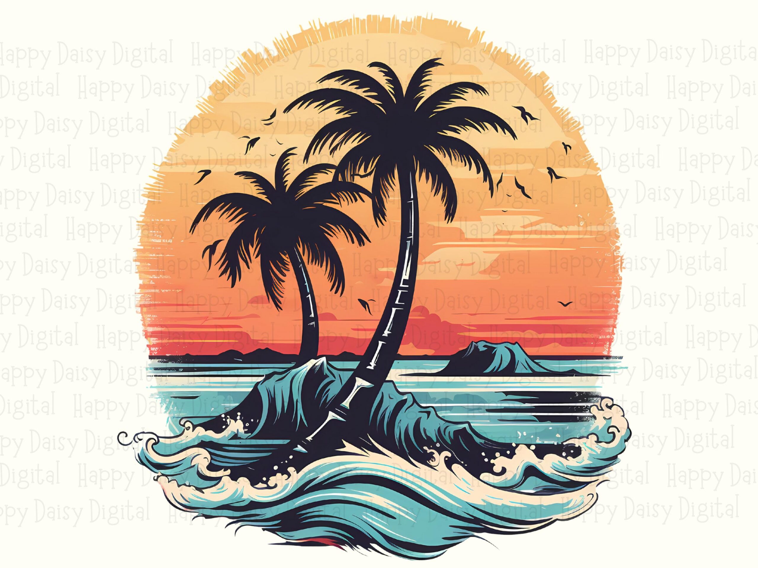 Palm Island Sunset PNG Watercolor Palm Tree Beach Design Sublimation Design Commercial Use POD - Image 2