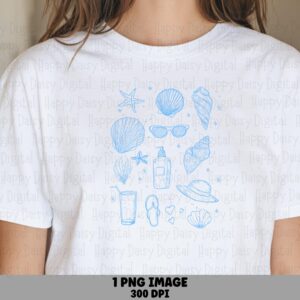 Beach Essentials Icons PNG Line Art Icons Sublimation Design Beach Summer Commercial Use POD
