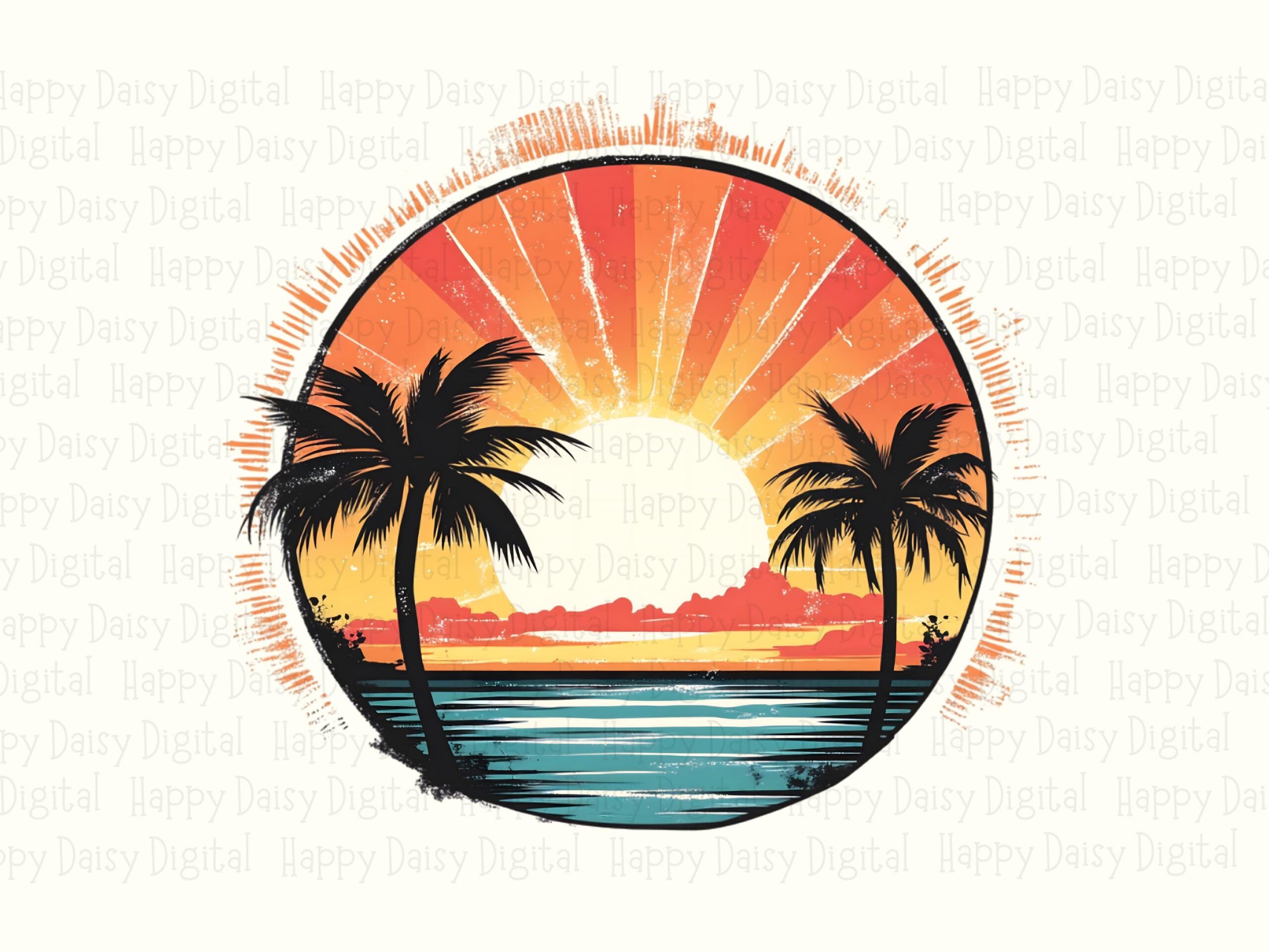 Palm Sunset Circle PNG Palm Circle Badge Sublimation Design Beach Summer Commercial Use POD - Image 2