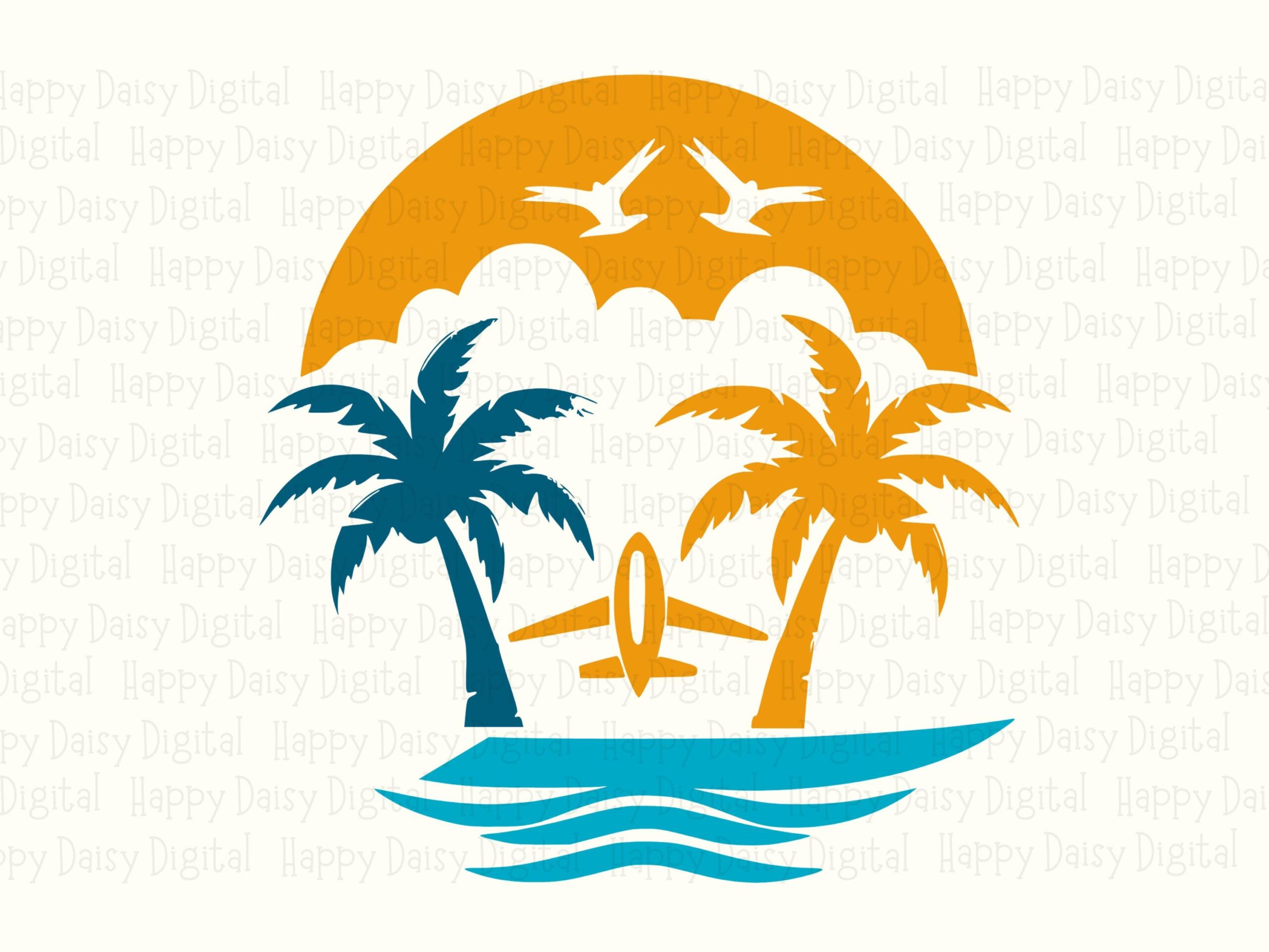Colorful Palm Beach Circle SVG PNG Colorful Circle Badge Beach Scene Design Sublimation Cricut Silhouette Canva Commercial Use POD - Image 2