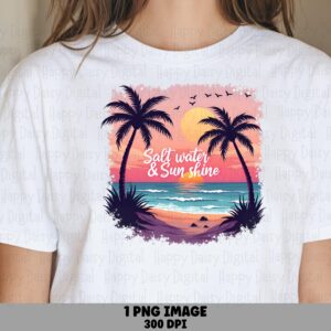 Salt Water And Sun Shine PNG Sublimation Design Beach Summer Palm Scene Commercial Use POD